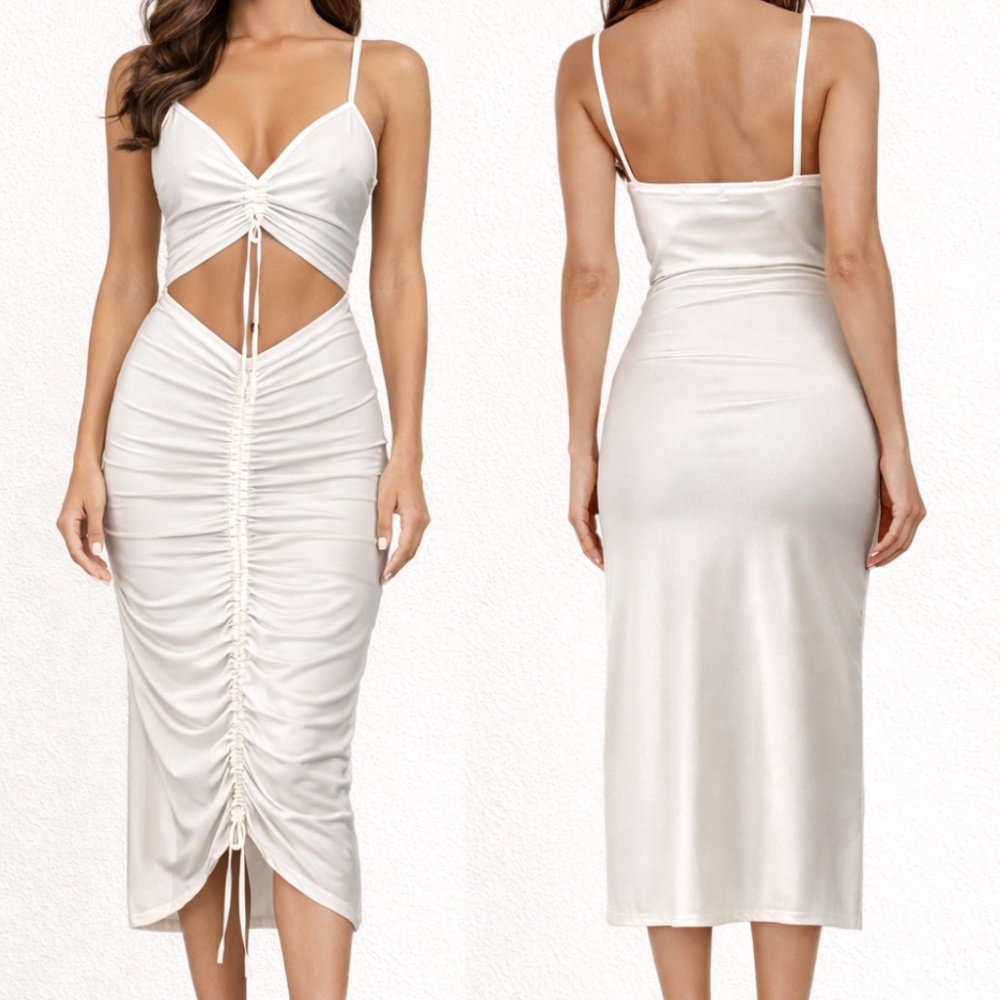 NWT Amber x Public Desire White Ruched Cutout Midi Dress UK 10
